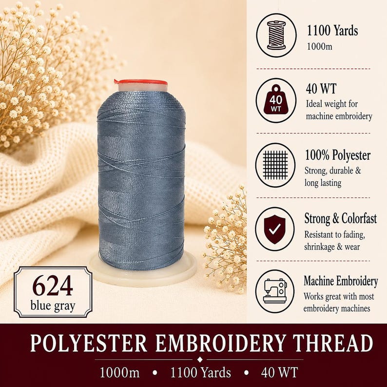 K&ouml;nnte beinhalten: Eine Spule aus blaugrauem Polyester-Stickgarn mit der Kennzeichnung 624. Das Garn ist 1000m lang, hat eine St&auml;rke von 40 WT und besteht zu 100% aus Polyester. Das Produkt ist farbecht, lichtbest&auml;ndig und f&uuml;r Stickmaschinen geeignet.