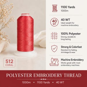 May include: A spool of coral colored polyester embroidery thread labeled 512 Coral. The text indicates 1100 yards, 1000m, 40 WT, 100% polyester, strong and colorfast, and machine embroidery. The bottom text reads Polyester Embroidery Thread.
