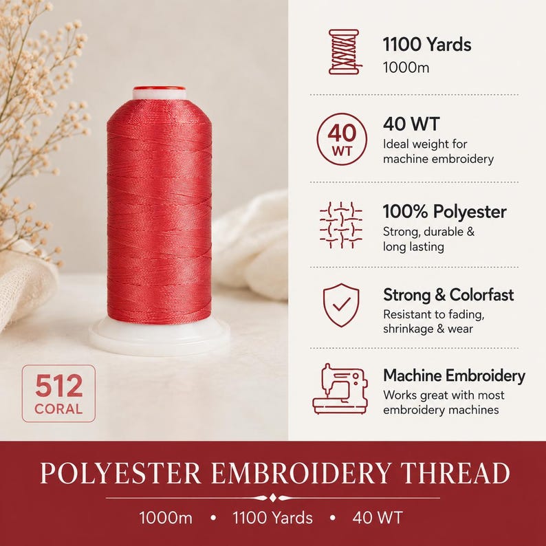 May include: A spool of coral colored polyester embroidery thread labeled 512 Coral. The text indicates 1100 yards, 1000m, 40 WT, 100% polyester, strong and colorfast, and machine embroidery. The bottom text reads Polyester Embroidery Thread.