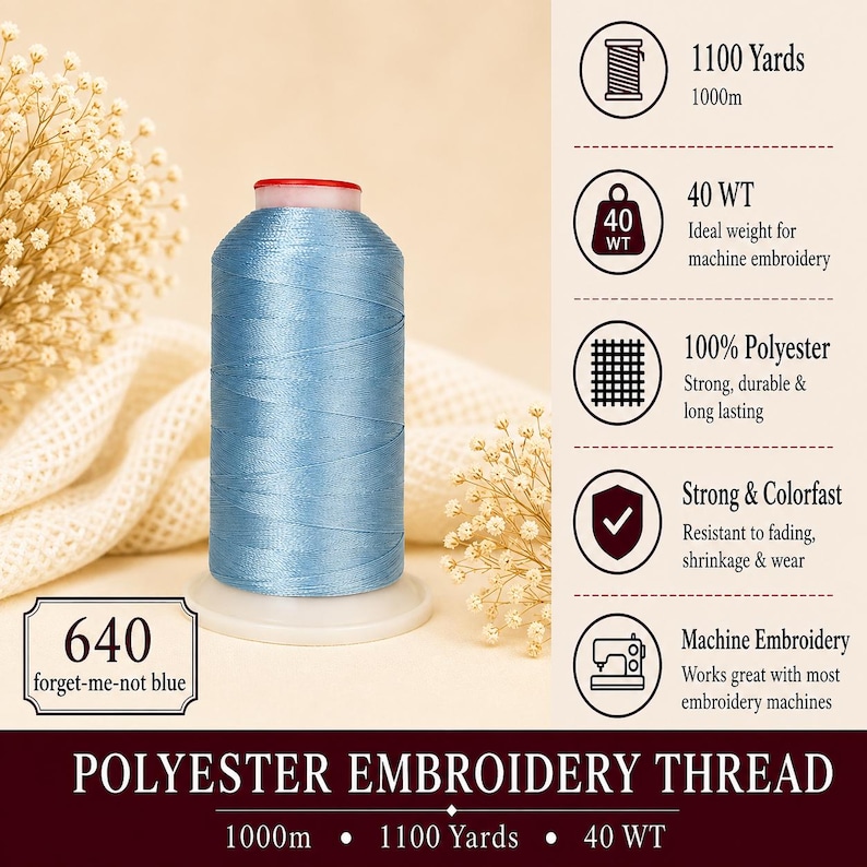 K&ouml;nnte beinhalten: Eine Spule hellblaues Polyester-Stickgarn mit der Aufschrift 640 forget-me-not blue. Die Spule enth&auml;lt 1000m Garn der St&auml;rke 40 WT. Zu den Merkmalen geh&ouml;ren 100% Polyester, Farbechtheit und die Eignung f&uuml;r die meisten Stickmaschinen.