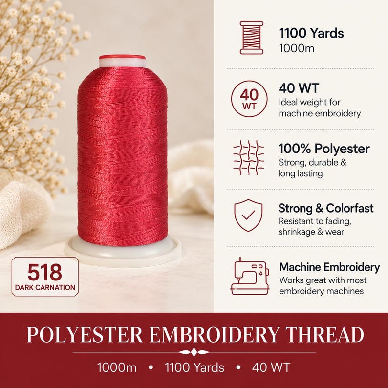 May include: A spool of dark carnation red polyester embroidery thread labeled 518. The text indicates 1100 yards, 1000m, 40 WT, 100% polyester, strong and colorfast, and machine embroidery. The bottom text reads Polyester Embroidery Thread 1000m 1100 Yards 40 WT.