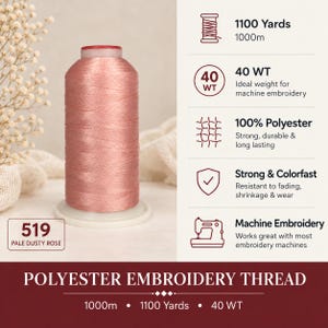 May include: A spool of pale dusty rose polyester embroidery thread, color code 519. The spool contains 1100 yards of 40 WT thread. The text on the image specifies 100% polyester, strong, colorfast, and suitable for machine embroidery.