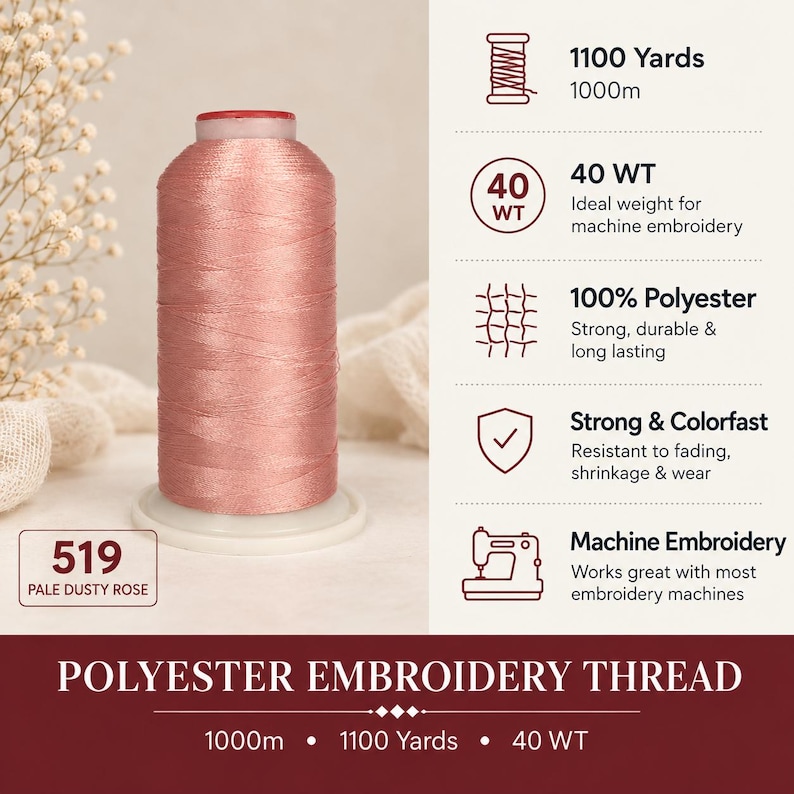 May include: A spool of pale dusty rose polyester embroidery thread, color code 519. The spool contains 1100 yards of 40 WT thread. The text on the image specifies 100% polyester, strong, colorfast, and suitable for machine embroidery.