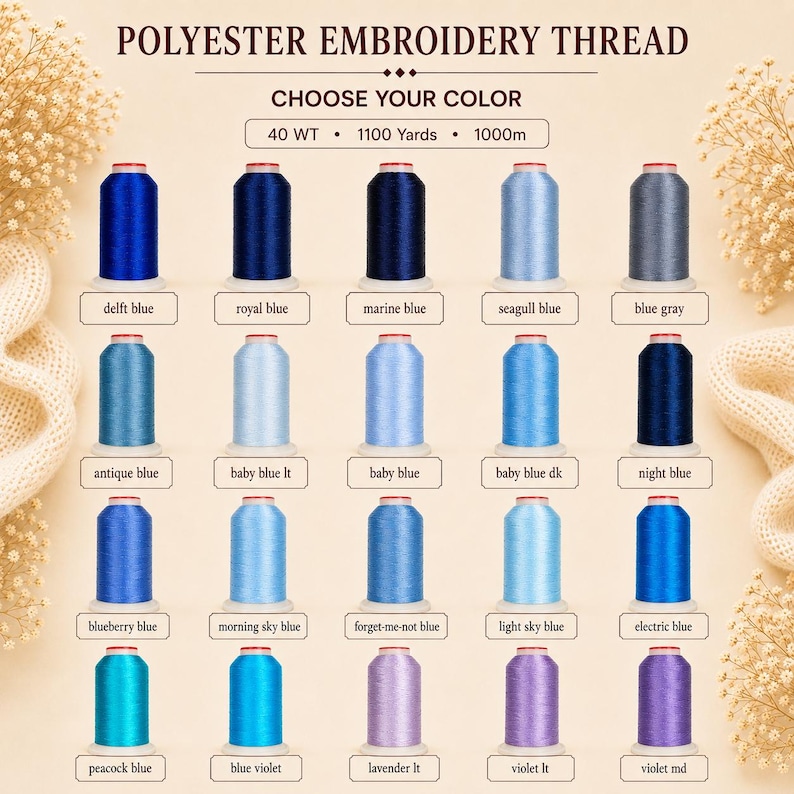 K&ouml;nnte beinhalten: Eine Sammlung von Polyester-Stickgarnspulen mit der Beschriftung 40 WT, 1100 Yards und 1000m. Die Spulen sind in einem Raster angeordnet und zeigen verschiedene Blau- und Violettt&ouml;ne, jeweils mit einem spezifischen Farbnamen in einem Feld.