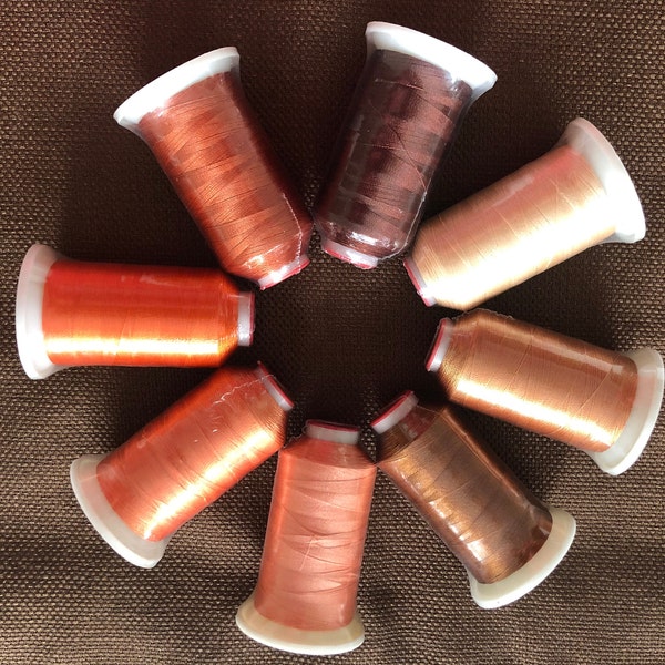 Polyester Machine Embroidery Thread 1100 yards/1100 m.  Peach, Orange Spice, Copper, Mahogany, Tan, Brown colors.