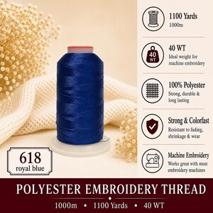 K&ouml;nnte beinhalten: Eine Spule k&ouml;nigsblaues Polyester-Stickgarn mit der Kennzeichnung 618. Die Spule enth&auml;lt 1000m Garn der St&auml;rke 40 WT. Das Bild enth&auml;lt Symbole und Text, die Merkmale wie 100% Polyester-Zusammensetzung und Maschinenkompatibilit&auml;t beschreiben.