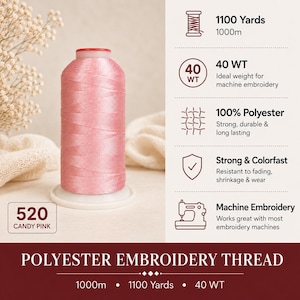 May include: A spool of candy pink polyester embroidery thread labeled 520. The text indicates 1100 yards, 1000m, 40 WT, and 100% polyester composition. The graphic features icons for thread, weight, fabric weave, a shield, and a sewing machine.