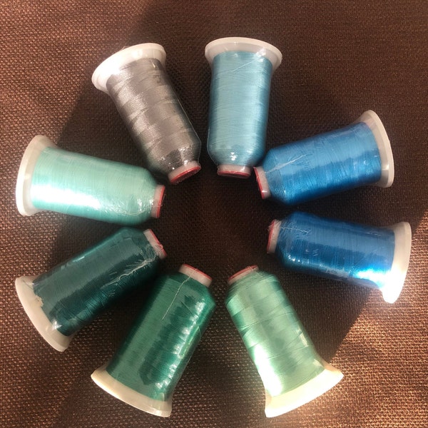 Polyester Machine Embroidery Thread 1000m/1100yards. Blue, Green, Gray, Electric Blue, Peacock Blue, Teal Green, Light Sea Green, Emerald