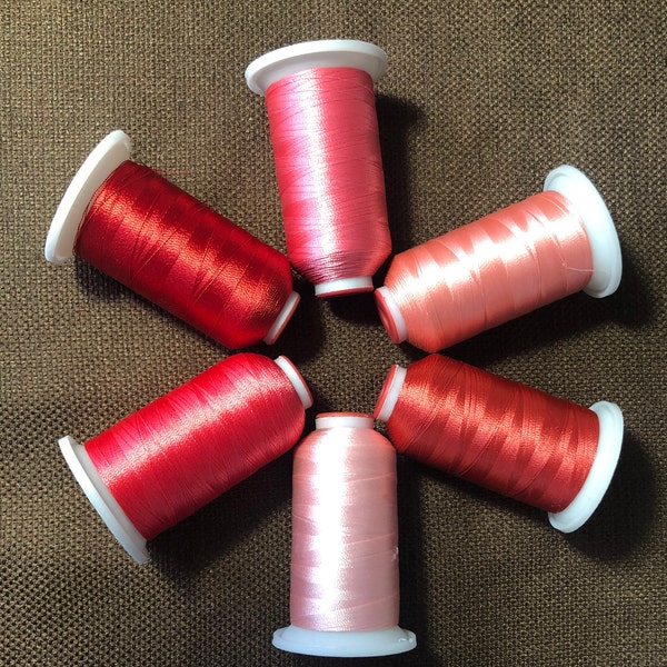 Polyester Machine Embroidery Thread 1000m/1100 yards.  Pink ,Red, Salmon, Coral, Dark Carnation, Pale Dusty Rose, Candy Pink, Dusty Rose