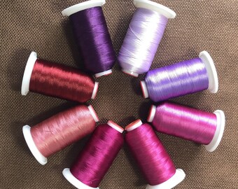 Polyester Machine Embroidery Thread 1000m. Dusty Pink, Mars Red, Magenta, Violet, Plum, Blackcurrant, Lavender colors.