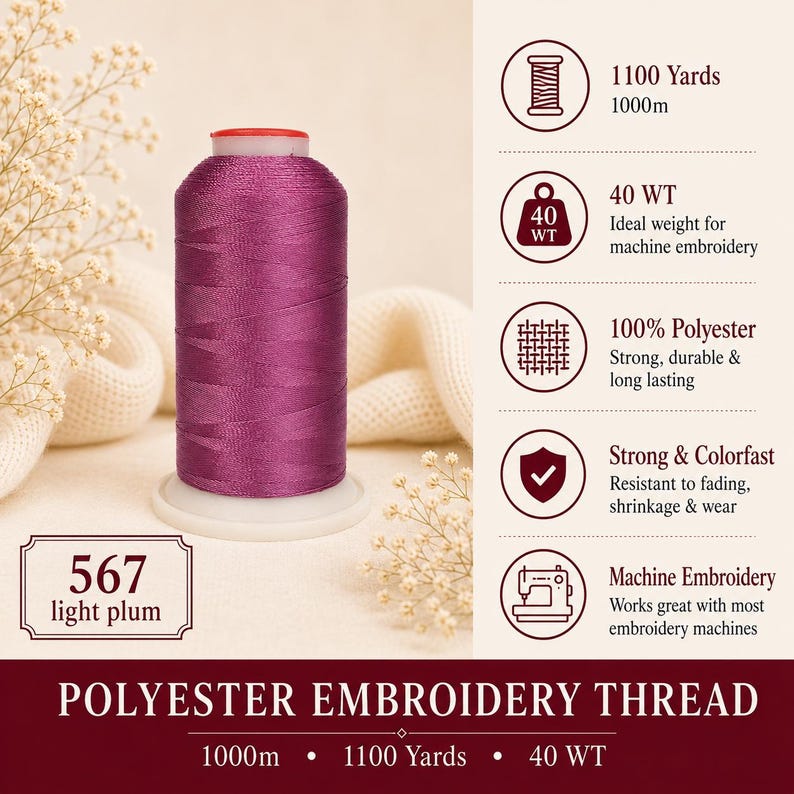 May include: A spool of light plum polyester embroidery thread labeled 567. The thread is 40 WT and 1100 yards long. The graphic includes icons for thread, weight, material, durability, and machine embroidery, with text detailing its properties.