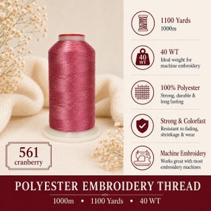 May include: A spool of cranberry-colored polyester embroidery thread labeled 561. The thread is 40 WT and 1100 yards long. Features include 100% polyester composition, colorfastness, resistance to fading and shrinkage, and machine compatibility.