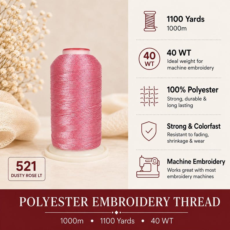 May include: A spool of dusty rose light polyester embroidery thread labeled 521. The text indicates 1100 yards, 1000m, 40 WT, 100% polyester, strong and colorfast, and machine embroidery. The thread is on a white base with a spool icon.