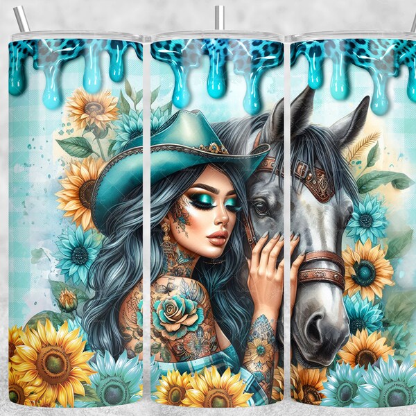 Western Girl Horse Tumbler Sublimation, Sunflowers Tumbler Sublimation, Turquoise 20 oz Skinny Tumbler Wrap Digital File