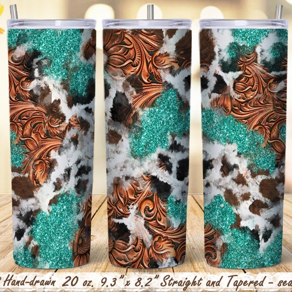 Cowhide Tooled Leather Tumbler Wrap Png Sublimation, Western 20 oz Skinny Tumbler Wrap, Turquoise Western Tumbler Sublimation