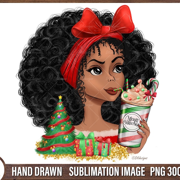 Christmas Afro Girl Png Sublimation, Christmas Coffee Png Digital Download, Christmas Black Girl Ornament Png, Christmas Latte Png Clipart