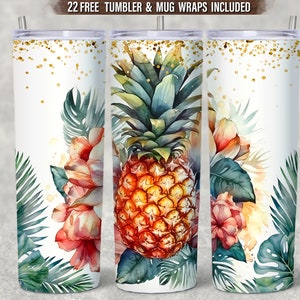 Pineapple 20 oz Skinny Tumbler Sublimation, Tropical Flowers Tumbler Wrap, Watercolor Pineapple Tumbler Png, Summer Fruit Tumbler Wrap