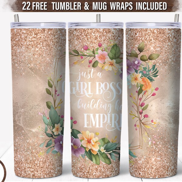 Girl Boss 20 oz Skinny Tumbler Sublimation, Women Empowerment Png, Rose Gold Glitter Tumbler Wrap, Boss Lady Tumbler Png, Hustle Quotes Png