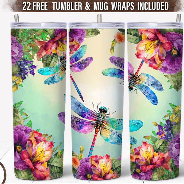 Dragonfly 20 oz Skinny Tumbler Sublimation, Summer Flowers Tumbler Wrap, Watercolor Dragonflies Tumbler Png, Alcohol Ink Tumbler Wrap