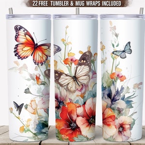 Schmetterling Blume 20 oz Tumbler Sublimation, Aquarell Blumen Tumbler Wrap, Wildblumen Tumbler Png, Frühling Tumbler Wrap