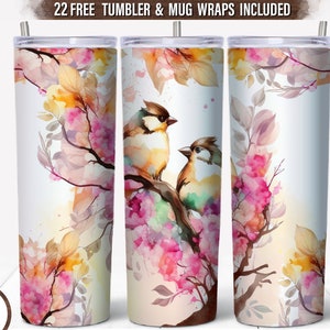 Birds Love 20 oz Tumbler Wrap Sublimation, Blütenbaum Skinny Tumbler Wrap Png, Aquarell Frühling Tumbler, Vögel Paar auf Ast Png