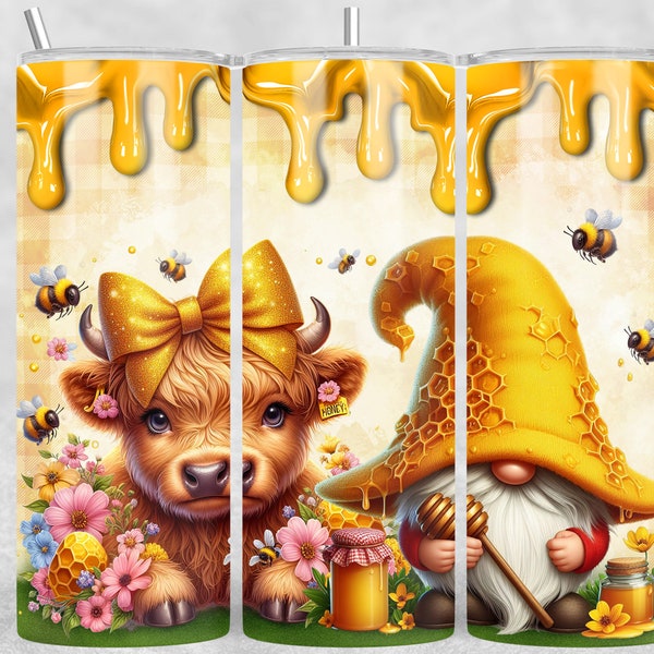 Bee Gnome Highland Cow Tumbler Sublimation, Honey 20 oz Tumbler Wrap Sublimation, Spring Tumbler Wrap, Bee Tumbler Wrap Digital File