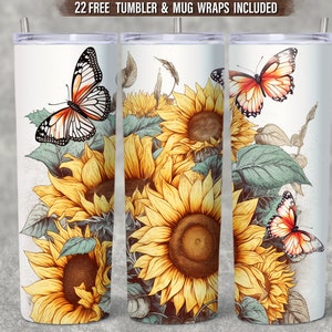Sonnenblume Schmetterling 20 oz Becher Wrap Sublimation, Aquarell Blumen Becher, Blumen Becher, Sommer Becher, Instand Download Png Datei