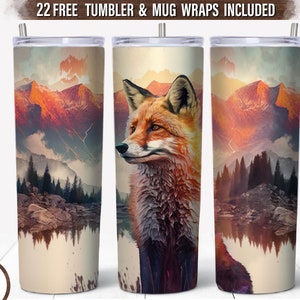 Fox Aquarelle 20 oz Skinny Tumbler Sublimation, Forest Animal Tumbler Wrap Png, Wild Animal Tumbler Png, Mountain Scene Tumbler Wrap