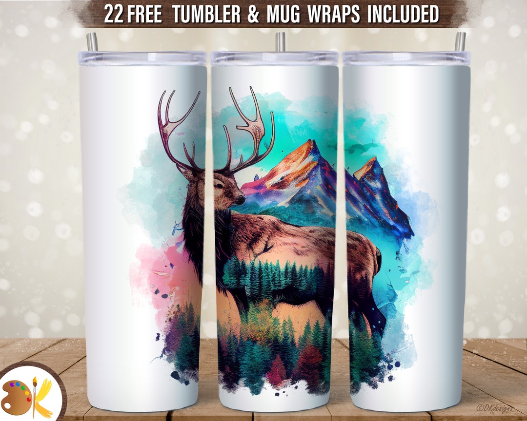 Deer Watercolor 20 Oz Skinny Tumbler Sublimation, Mountain Forest ...