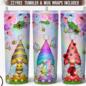 Frühlingszwerge 20 oz Skinny Tumbler Wrap, Bienenwichtel Png, Schmetterling Tumbler Wrap, Marienkäfer Gnom Png, Glitter Flower Tumbler Seamless Wrap