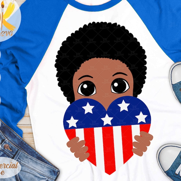 Black Boy 4th of July SVG | African American Boy SVG | American Heart SVG | Afro Boy Svg | Cricut File