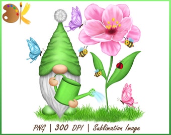 Spring Garden Gnome Sublimation, Flower Gnome Png, Butterfly Gnome Sublimation, Gnome Watering Can Png, Spring Png Clipart