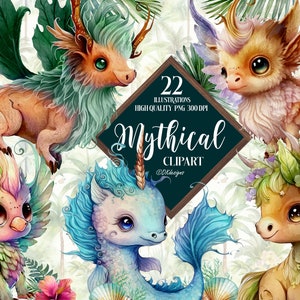 Watercolor Mythical Creature Clipart, Fantasy Clipart Png, Mythical Creature Png Sublimation, Fairytale Clipart, Magical Kids Illustrations