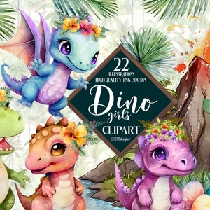 Watercolor Dinosaurs Girls Clipart Png, Cute Dinosaur Clipart, Baby Dino Png, Dinosaurs Sublimation Bundle, Dinosaurs Kids Illustrations