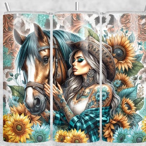 Sublimation d'enveloppe de gobelet de cheval de fille occidentale, sublimation de gobelet de tournesols, fichier numérique d'emballage de gobelet maigre de peau de vache de 20 oz