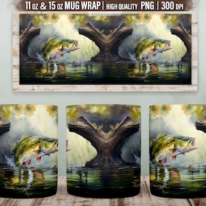 Fishing Mug Sublimation, 11 oz Fishing Mug Wrap, 15 oz Bass Fish Mug Png, Jumping Fish Scene Png, Fisherman Mug Wrap Png