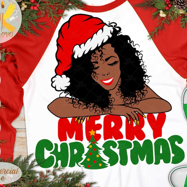 Christmas Black Woman SVG, Black Santa Svg, African American Christmas Svg, Afro Woman SVG, Merry Christmas SVG, Eps, Dxf, Png, Cricut Files