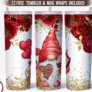 Valentines Gnome 20 oz Skinny Tumbler Wrap, Valentinstag Tumbler Wrap Png, Rose Glitter Becher Sublimation, Intand Download