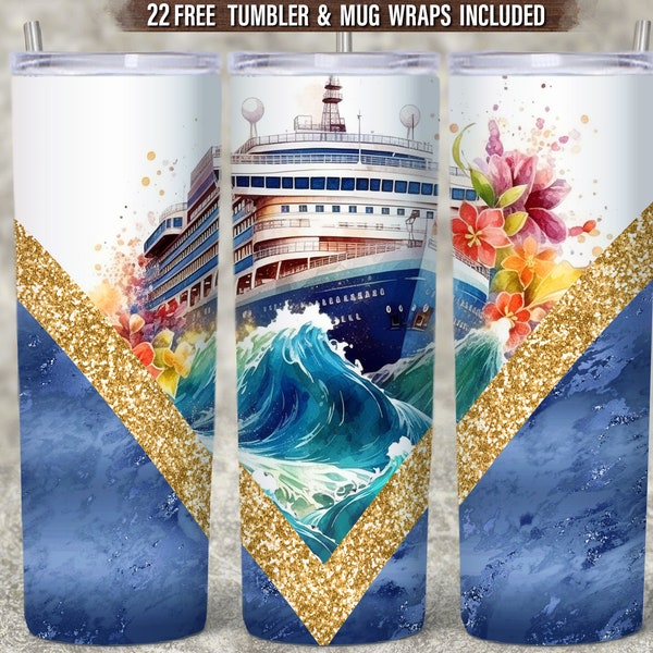 Cruise Ship 20 oz Tumbler Sublimation, Summer Vacation Skinny Tumbler, Tropical Split Tumbler Png, Ocean Nautical Tumbler Seamless Wrap