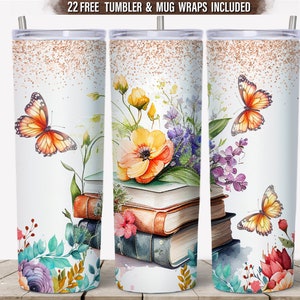 Bücher Blumen 20 oz Becher Sublimation, Lehrer Skinny Tumbler Wrap, Aquarell Schule Tumbler Wrap, Frühling Tumbler Wrap