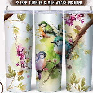 Lente vogels 20 oz tuimelaar sublimatie, bloesem boom mager tuimelaar wrap png, aquarel bloemen tuimelaar, schattige vogels op tak png