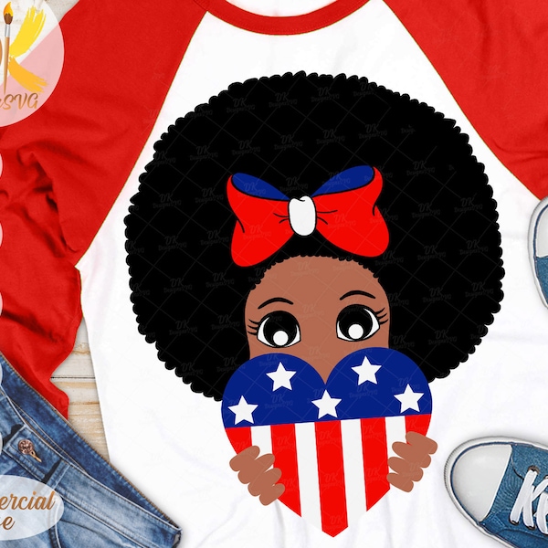 Black Girl 4 juli SVG | Afro-Amerikaans meisje SVG | Amerikaans hart SVG | Afro Meisje Svg | Cricut-bestand