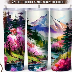 Spring Camping 20 oz Sublimación de vaso, Montañas Skinny Tumbler Wrap Png, Senderismo Vaso Png, Vaso de río, Vaso de naturaleza de acuarela
