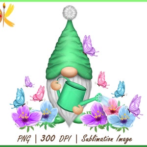 Frühlingsblumen Wichtel Sublimation, Gartenzwerg Png Clipart, Schmetterling Wichtel Sublimation, Wichtel Gießkannen Png