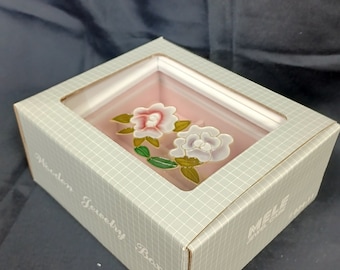 Merle Norman Jewelry Boxes Vintage All Wood Floral Designed Glass