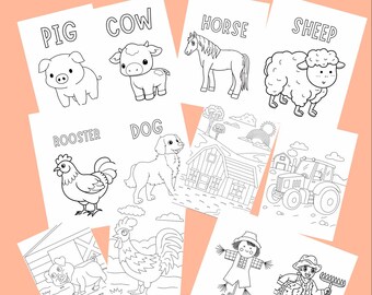 May include: Black and white coloring book pages featuring farm animals, a tractor, a barn, a scarecrow, and a farmer. The title of the book is "On the Farm Coloring Book".