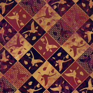 Pode incluir: Um padrão sem costura com um design repetitivo de pássaros estilizados em tons de vermelho, dourado e preto. Os pássaros estão dispostos em um padrão de diamante sobre um fundo de quadrados alternados dourados e pretos.