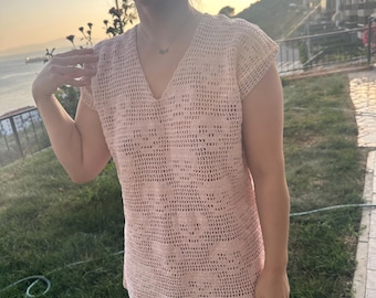 ハンドメイドのピンクのコットンスカル柄トップス