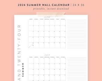 Printable 2024 Summer [June July August] Wall Calendar | 24x36, 18x24, 8.5x11 | Poster