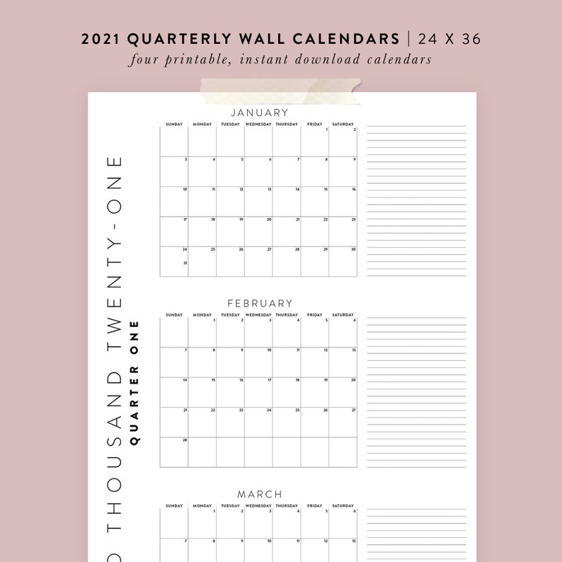 Printable 2021 Quarterly Wall Calendars 4 24x36 Posters Etsy